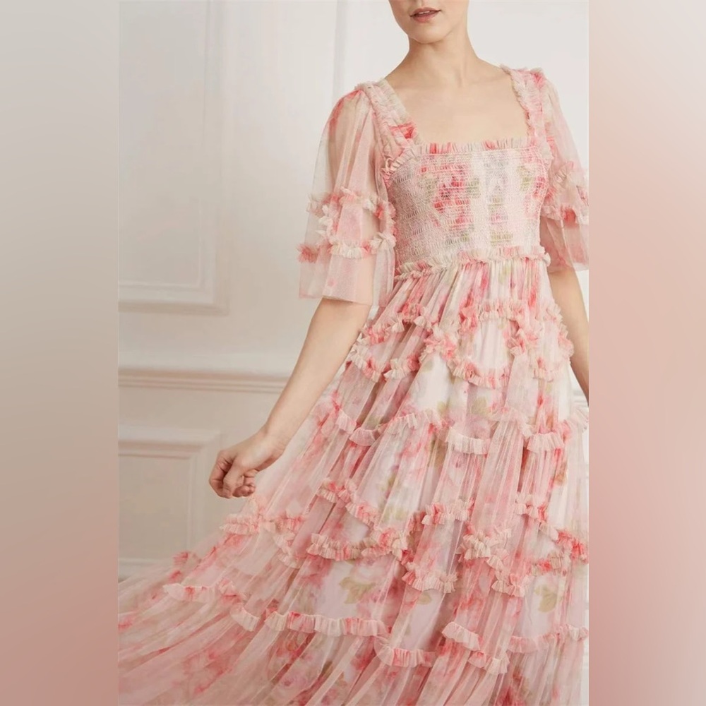 Needle & Thread Pink Floral Tiered Tulle Midi Dress